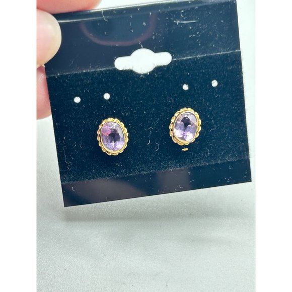 Vintage 14K Gold and Amethyst Earrings Studs Oval Bezel Sets Genuine Gemstones - Picture 4 of 9